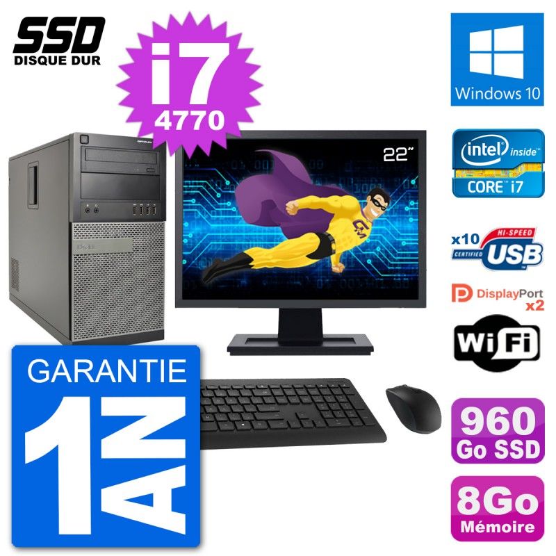 Dell Optiplex 7020 MT Desktop Computer - 22" Screen, Intel Core i7-4770, 8GB RAM, 960GB SSD, Windows 10, WiFi