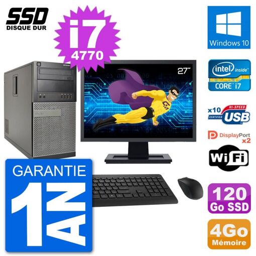 Dell Optiplex 7020 Desktop PC - 27" Screen, Intel Core i7-4770, 4GB RAM, 120GB SSD, Windows 10, WiFi