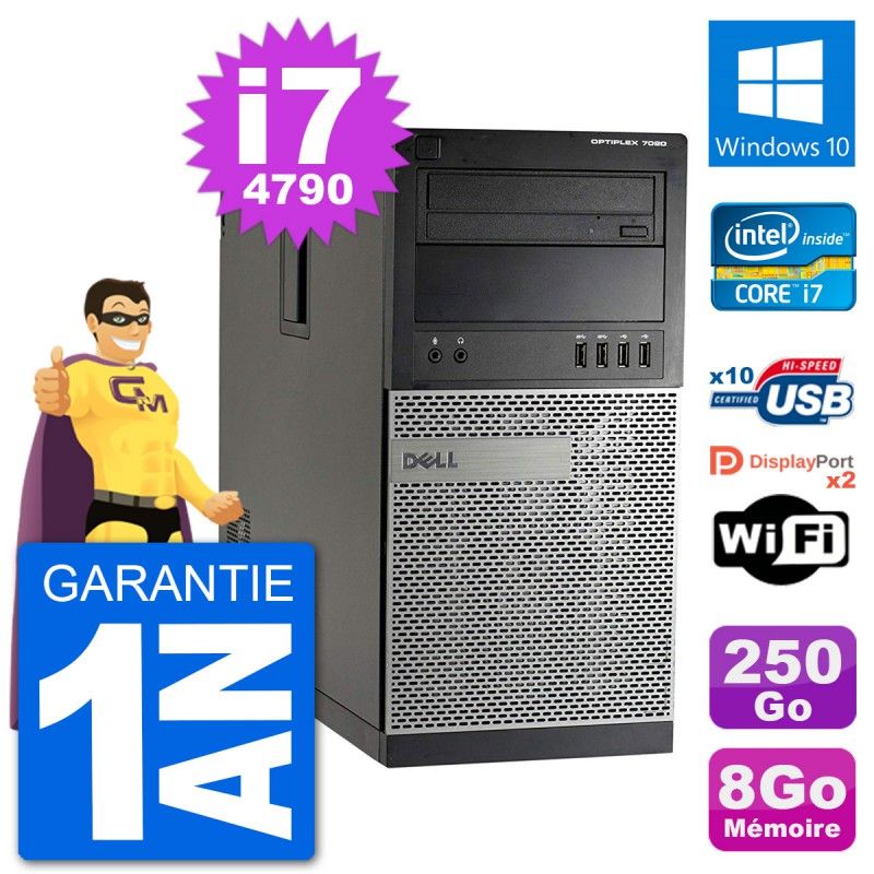 Dell Optiplex 7020 MT Desktop PC - Intel Core i7-4790, 8GB RAM, 250GB HDD, Windows 10, WiFi