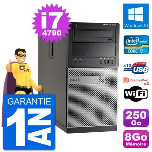 Dell Optiplex 7020 MT Desktop PC - Intel Core i7-4790, 8GB RAM, 250GB HDD, Windows 10, WiFi