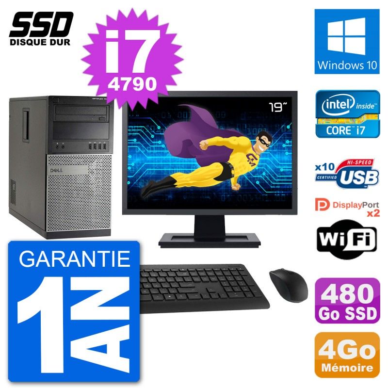 Dell Optiplex 7020 Desktop Computer - 19" Screen, Intel Core i7-4790, 4GB RAM, 480GB SSD, Windows 10, Wi-Fi