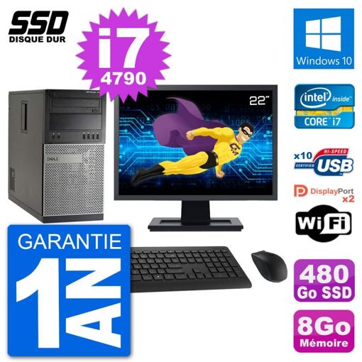 Dell Optiplex 7020 Desktop Computer, 22" Screen, Intel Core i7-4790, 8GB RAM, 480GB SSD, Windows 10, WiFi