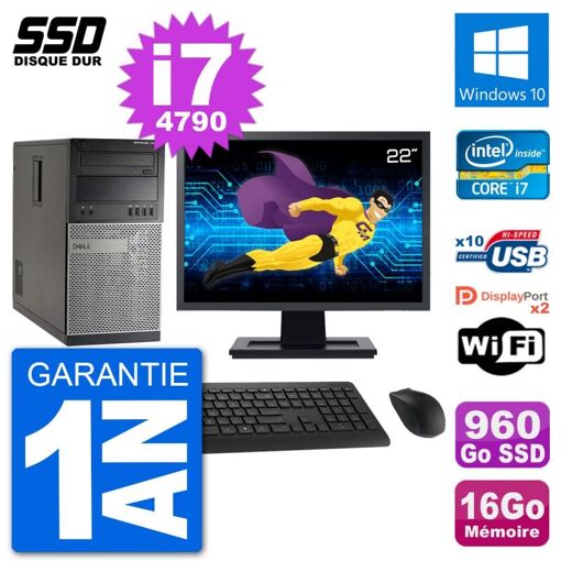 Dell Optiplex 7020 Desktop Computer, 22" Screen, Intel i7-4790, 16GB RAM, 960GB SSD, Windows 10