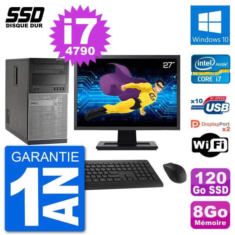 Dell Optiplex 7020 Desktop Computer, 27" Screen, Intel Core i7-4790, 8GB RAM, 120GB SSD, Windows 10, WiFi