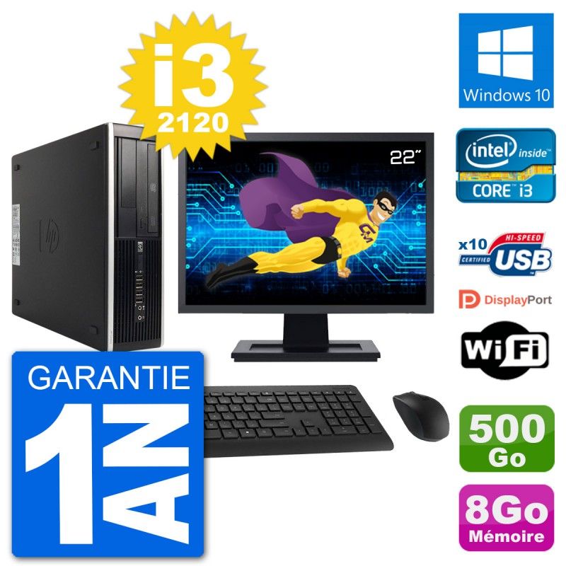 Ordinateur de bureau HP 8300 SFF | Écran 22'' | Processeur Intel i3-2120 | 8 Go RAM | Disque dur 500 Go | Windows 10 | WiFi