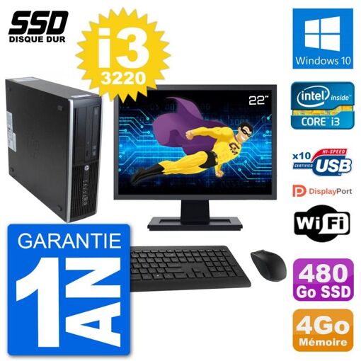 HP 8300 Elite SFF Desktop Computer - 22" Screen, Intel i3-3220, 4GB RAM, 480GB SSD, Windows 10, WiFi