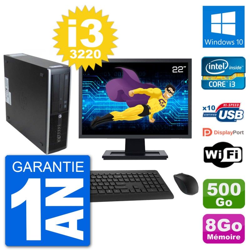 Ordinateur de bureau HP 8300 SFF - Écran 22'', Intel i3-3220, 8 Go RAM, 500 Go HDD, Windows 10, Wifi