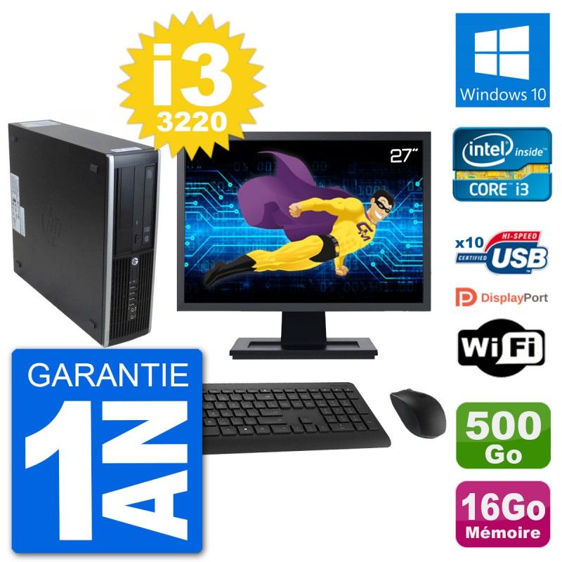 HP 8300 SFF Desktop Computer - 27" Screen, Intel i3-3220, 16GB RAM, 500GB HDD, Windows 10, WiFi