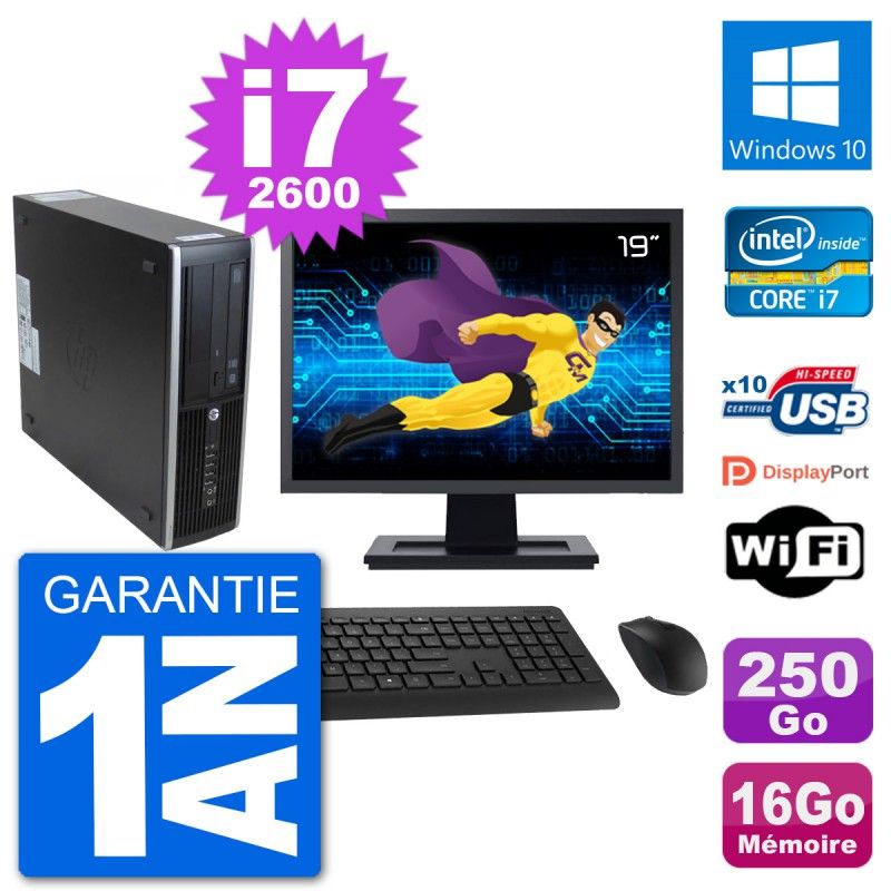 Ordinateur de bureau HP 8300 SFF - Écran 19'', Intel i7-2600, 16 Go RAM, 250 Go SSD, Windows 10, WiFi