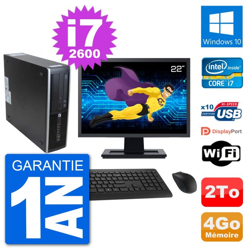Ordinateur de bureau HP 8300 SFF - Écran 22'', Intel i7-2600, 4 Go de RAM, Disque dur 2 To, Windows 10, Wi-Fi