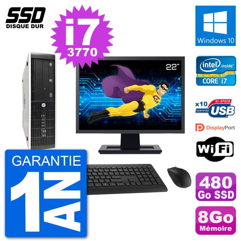HP 8300 Elite SFF Desktop Computer - 22" Screen, Intel i7-3770, 8GB RAM, 480GB SSD, Windows 10, WiFi