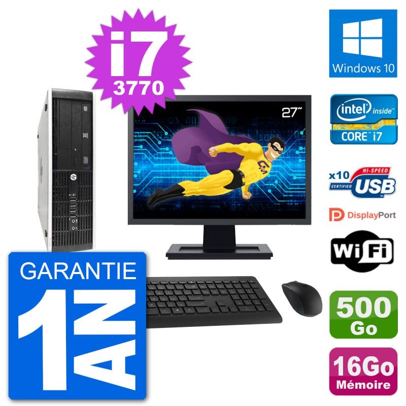 HP 8300 SFF Desktop Computer - 27" Display, Intel i7-3770, 16GB RAM, 500GB HDD, Windows 10, WiFi