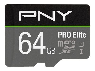 PNY PRO Elite Flash Memory Card (MicroSDXC to SD Adapter Included) - 64GB - A1 / Video Class V30 / UHS-I U3 / Class 10 - MicroSDXC UHS-I