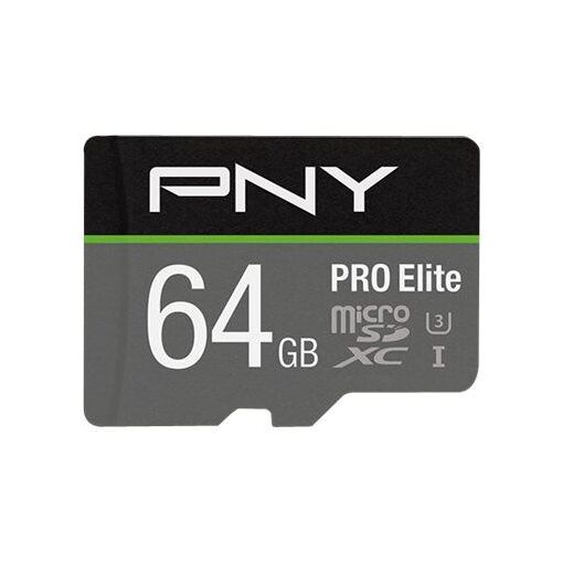PNY PRO Elite Flash Memory Card (MicroSDXC to SD Adapter Included) - 64GB - A1 / Video Class V30 / UHS-I U3 / Class 10 - MicroSDXC UHS-I