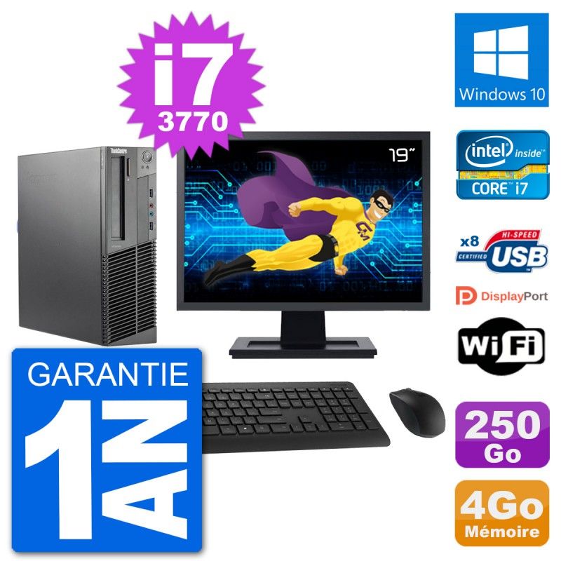 Lenovo M92p SFF Desktop PC - 19" Screen, Intel i7-3770, 4GB RAM, 250GB SSD, Windows 10, WiFi
