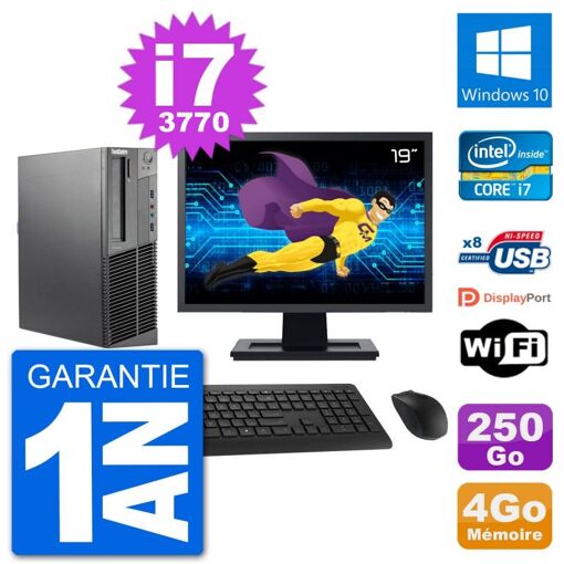 Lenovo M92p SFF Desktop PC - 19" Screen, Intel i7-3770, 4GB RAM, 250GB SSD, Windows 10, WiFi