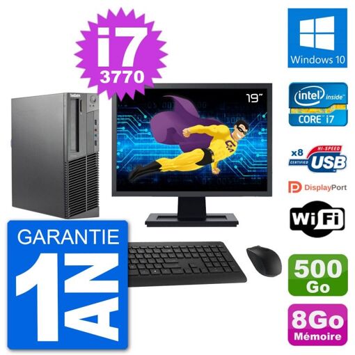 Lenovo M92p SFF Desktop PC - 19" Screen, Intel i7-3770, 8GB RAM, 500GB HDD, Windows 10, WiFi