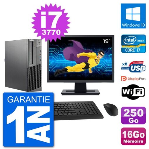 Lenovo M92p SFF Desktop Computer, 19" Screen, Intel i7-3770, 16GB RAM, 250GB SSD, Windows 10, WiFi