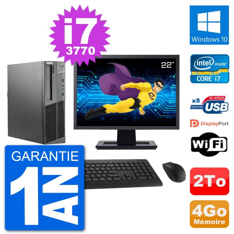 Lenovo M92p SFF Desktop Computer, 22" Screen, Intel i7-3770, 4GB RAM, 2TB HDD, Windows 10, WiFi