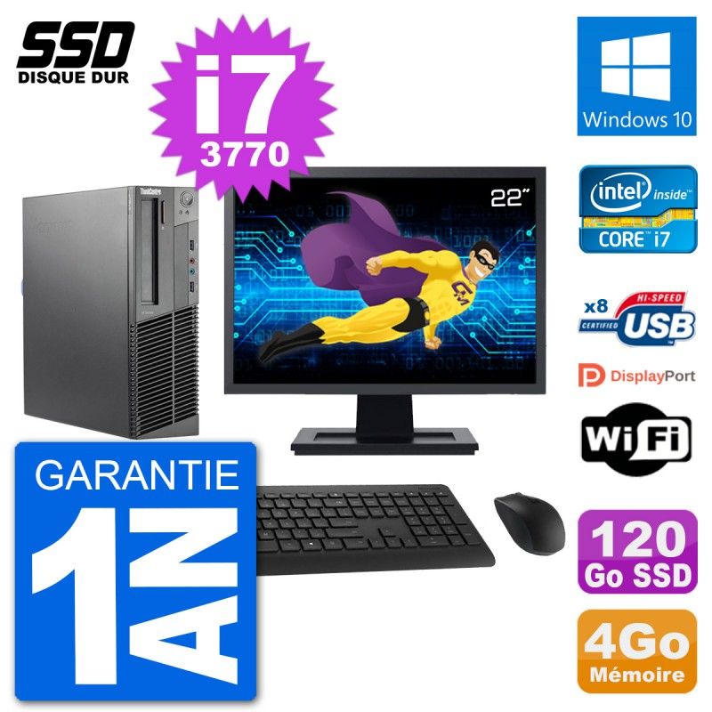 Lenovo M92p SFF Desktop Computer, 22" Screen, Intel i7-3770, 4GB RAM, 120GB SSD, Windows 10, WiFi