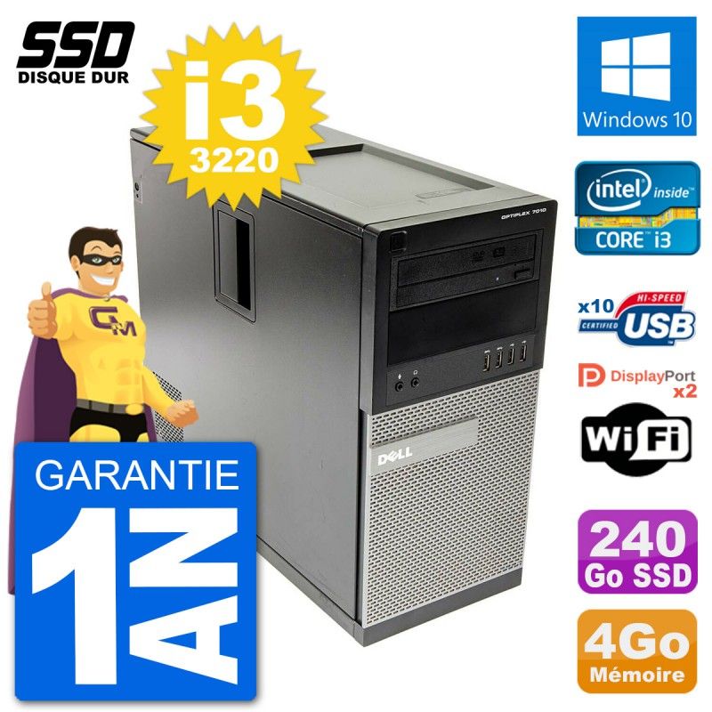 Dell OptiPlex 7010 Desktop Computer - Intel Core i3-3220, 4GB RAM, 240GB SSD, Windows 10, Wifi