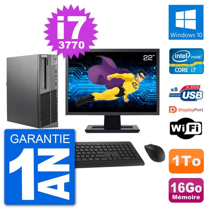 Lenovo M92p SFF Desktop Computer, 22" Screen, Intel i7-3770, 16GB RAM, 1TB HDD, Windows 10, WiFi