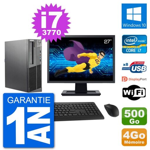 Computadora de escritorio Lenovo M92p SFF, pantalla de 27'', procesador Intel i7-3770, 4 GB de RAM, disco duro de 500 GB, WiFi, Windows 10