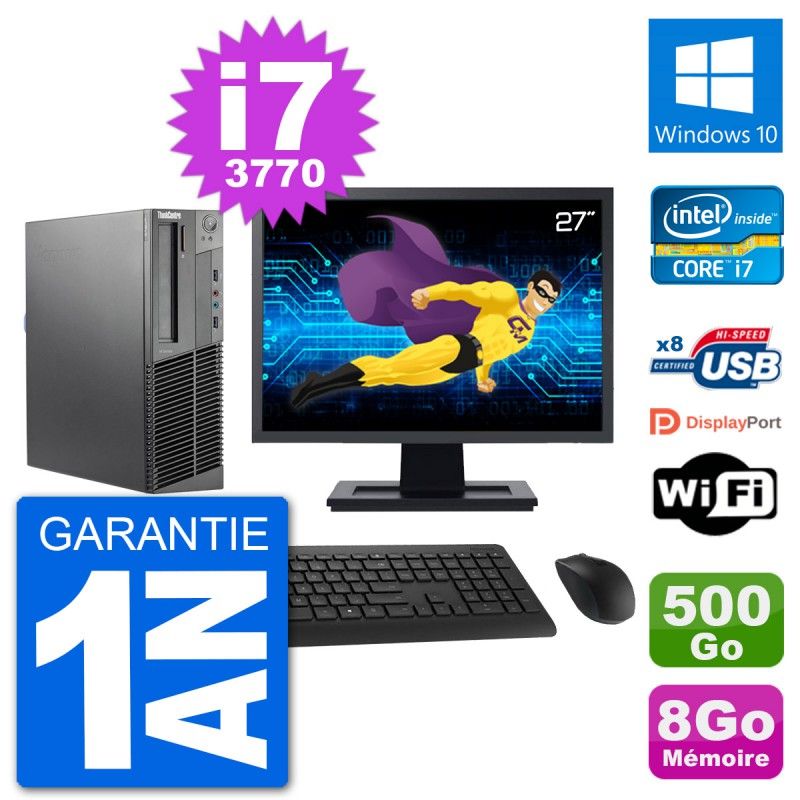 Lenovo M92p SFF Desktop Computer, 27" Screen, Intel i7-3770, 8GB RAM, 500GB HDD, Windows 10, WiFi