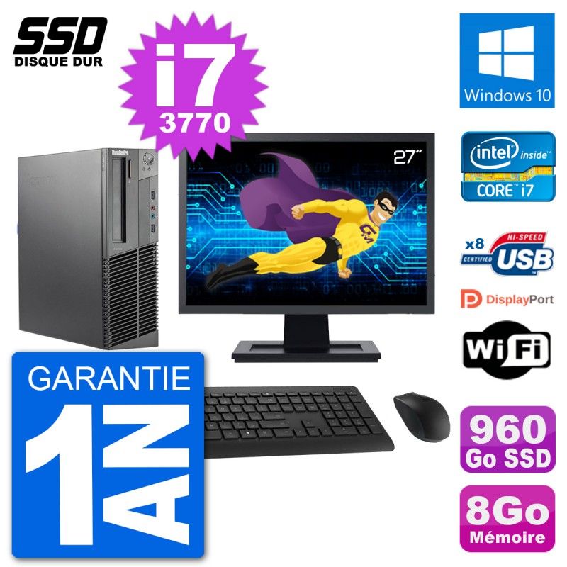 Lenovo M92p SFF Desktop Computer, 27" Screen, Intel i7-3770, 8GB RAM, 960GB SSD, Windows 10, WiFi