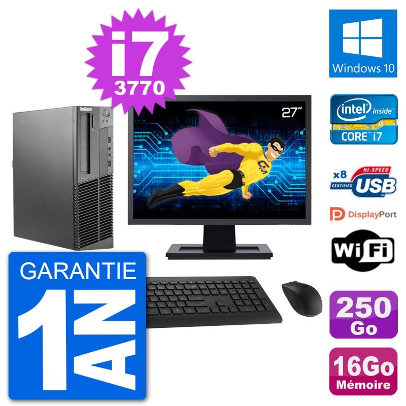 Lenovo M92p SFF Desktop PC - 27" Screen, Intel i7-3770, 16GB RAM, 250GB SSD, Windows 10, WiFi