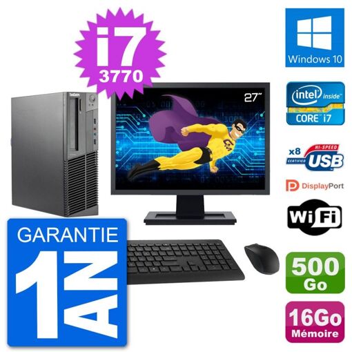 Lenovo M92p SFF Desktop Computer - 27" Screen, Intel i7-3770, 16GB RAM, 500GB HDD, Windows 10, WiFi