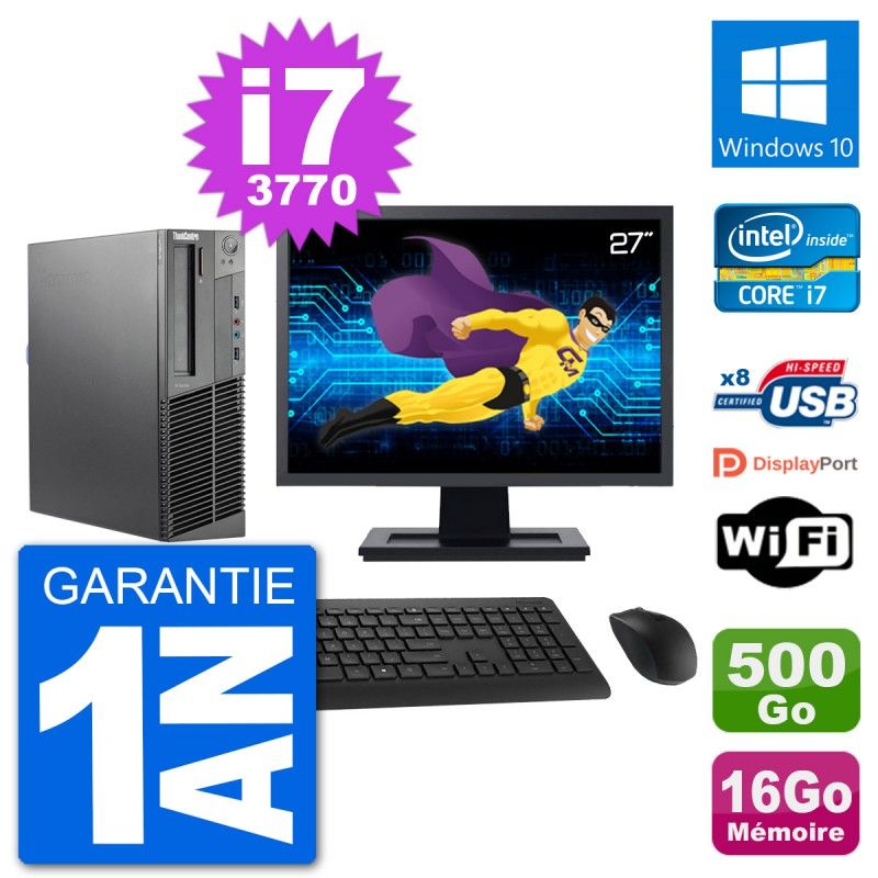 Lenovo M92p SFF Desktop Computer - 27" Screen, Intel i7-3770, 16GB RAM, 500GB HDD, Windows 10, WiFi