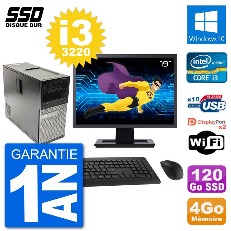 Ordinateur de bureau Dell Optiplex 7010 - Écran 19 pouces, processeur Intel Core i3-3220, 4 Go de RAM, SSD 120 Go, Windows 10, Wi-Fi