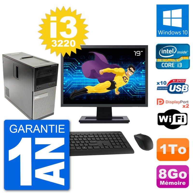 Ordinateur de bureau Dell Optiplex 7010 - Écran 19'', Intel Core i3-3220, 8 Go de RAM, Disque dur 1 To, Windows 10, Wi-Fi
