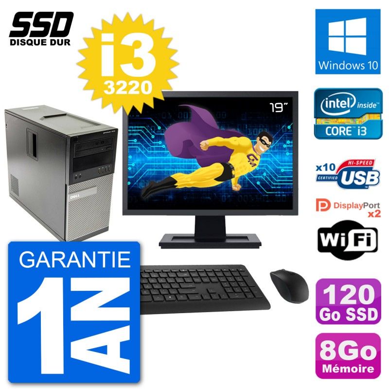 Ordinateur de bureau Dell Optiplex 7010, écran 19", processeur Intel Core i3-3220, 8 Go de RAM, SSD 120 Go, Windows 10, WiFi