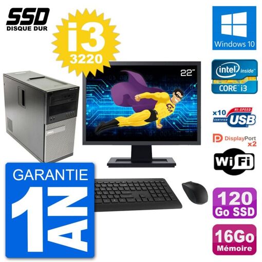Dell Optiplex 7010 Desktop PC - 22" Screen, Intel i3-3220, 16GB RAM, 120GB SSD, Windows 10