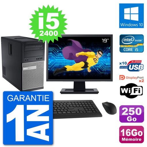 Dell Optiplex 7010 Desktop PC - 19" Screen, Intel i5-2400, 16GB RAM, 250GB Hard Drive, Windows 10, WiFi