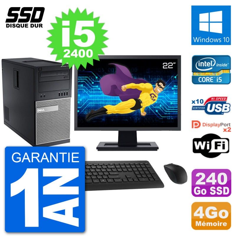 Dell Optiplex 7010 Desktop PC - 22" Screen, Intel Core i5-2400, 4GB RAM, 240GB SSD, Windows 10, Wifi