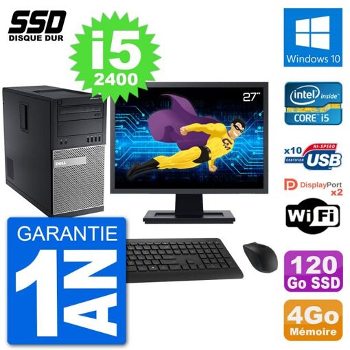 Dell Optiplex 7010 Desktop Computer, 27" Screen, Intel Core i5-2400, 4GB RAM, 120GB SSD, Windows 10, WiFi