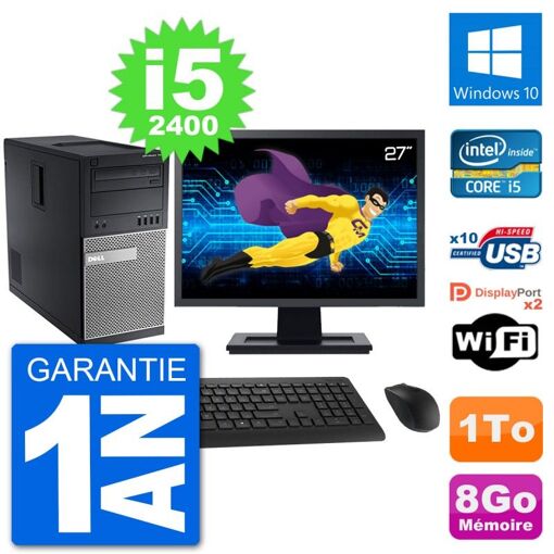 Dell Optiplex 7010 Desktop PC - 27" Screen, Intel i5-2400, 8GB RAM, 1TB HDD, Windows 10, WiFi