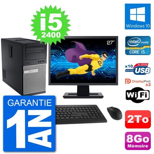 Dell Optiplex 7010 Desktop PC - 27" Screen, Intel i5-2400, 8GB RAM, 2TB HDD, Windows 10, WiFi