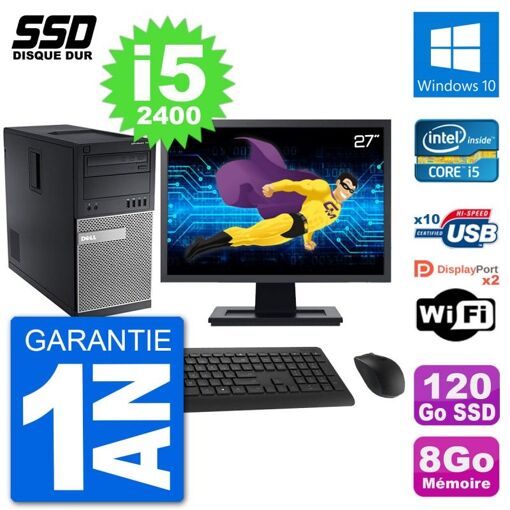 Dell Optiplex 7010 Desktop PC - 27" Screen, Intel Core i5-2400, 8GB RAM, 120GB SSD, Windows 10, WiFi