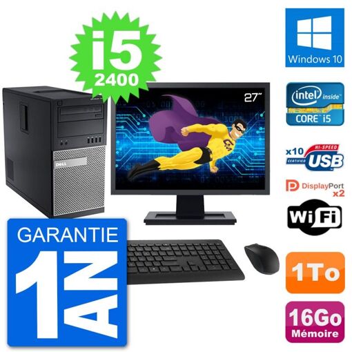 Dell Optiplex 7010 Desktop Computer - 27" Screen, Intel i5-2400, 16GB RAM, 1TB Hard Drive, Windows 10, WiFi