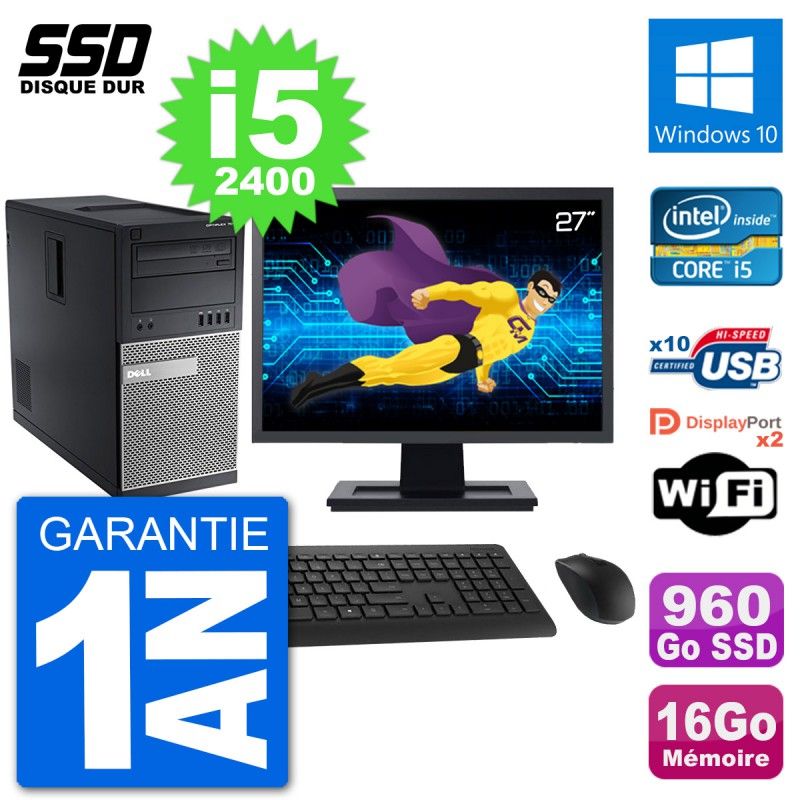 Dell Optiplex 7010 Desktop Computer, 27" Screen, Intel i5-2400, 16GB RAM, 960GB SSD, Windows 10, WiFi