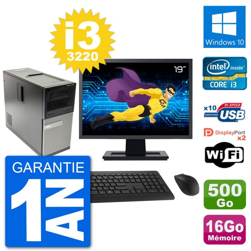 Ordinateur de bureau Dell Optiplex 7010, écran 19'', processeur Intel i3-3220, 16 Go de RAM, disque dur 500 Go, Windows 10, Wi-Fi