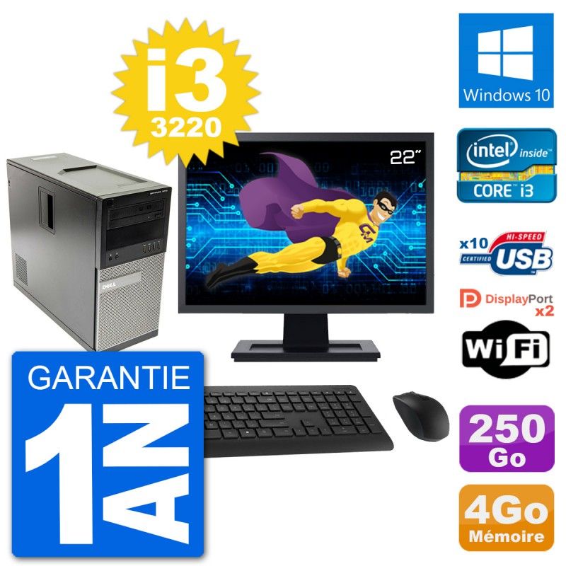 Dell Optiplex 7010 Desktop PC - 22" Screen, Intel i3-3220, 4GB RAM, 250GB HDD, Windows 10, WiFi
