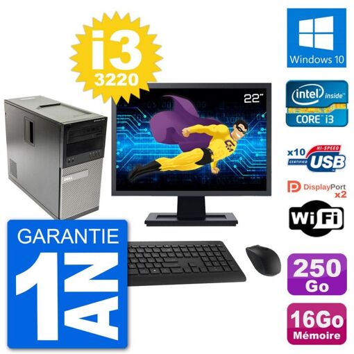 Dell Optiplex 7010 Desktop PC - 22" Screen, Intel i3-3220, 16GB RAM, 250GB HDD, Windows 10, WiFi