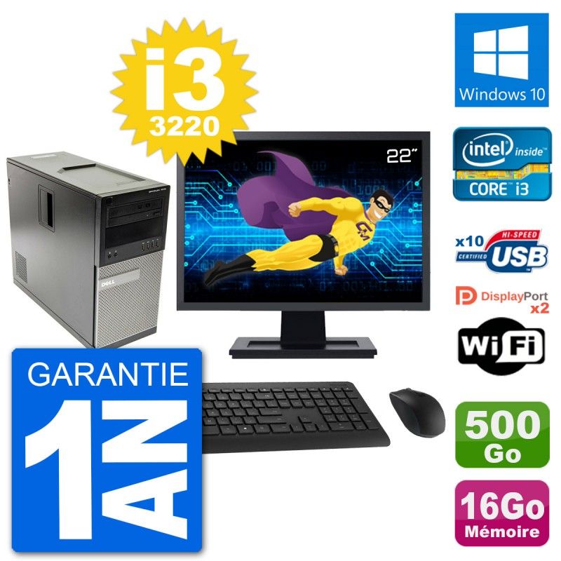 Dell Optiplex 7010 MT Desktop - 22" Screen, Intel i3-3220, 16GB RAM, 500GB HDD, Windows 10, WiFi