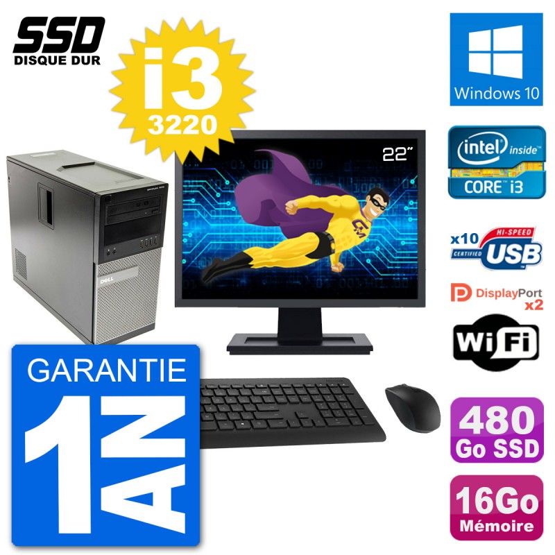 Dell Optiplex 7010 Desktop Computer, 22" Screen, Intel i3-3220, 16GB RAM, 480GB SSD, Windows 10, Wifi