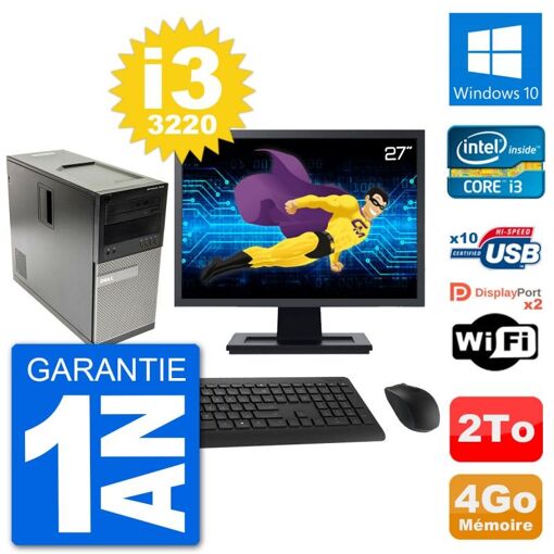 Dell Optiplex 7010 Mid Tower PC, 27" Screen, Intel i3-3220, 4GB RAM, 2TB HDD, Windows 10, WiFi